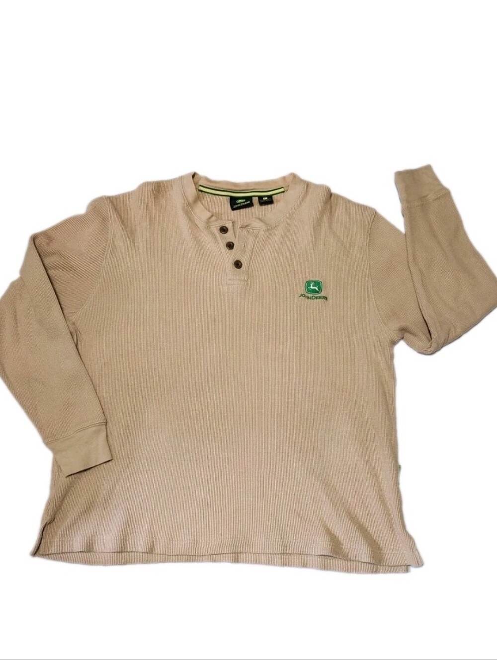 John Deere Waffle Knit Thermal Shirt Size Large Tan Pullover Henley Long Sleeve
